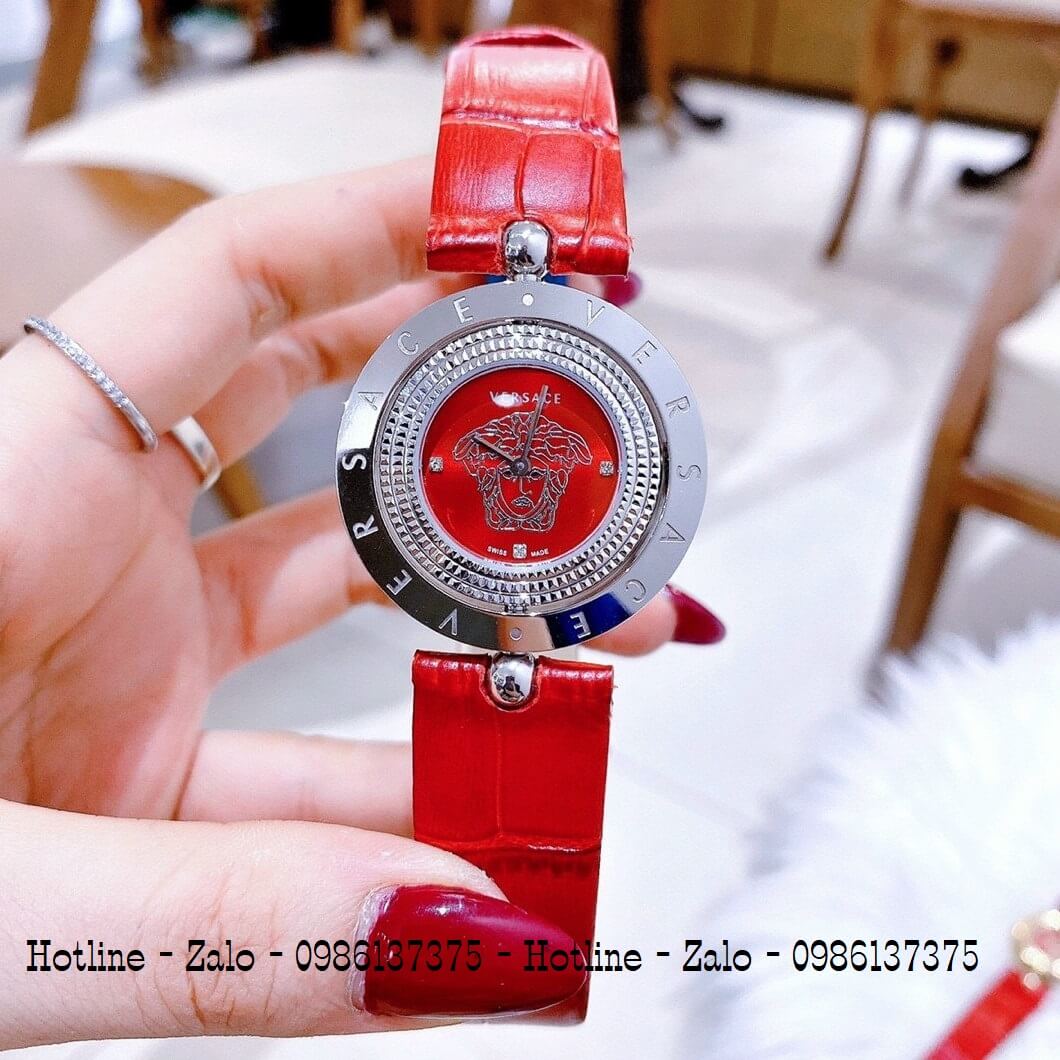 Đồng Hồ Versace Eon Nữ Dây Da Đỏ Silver Mặt Xoay 34mm