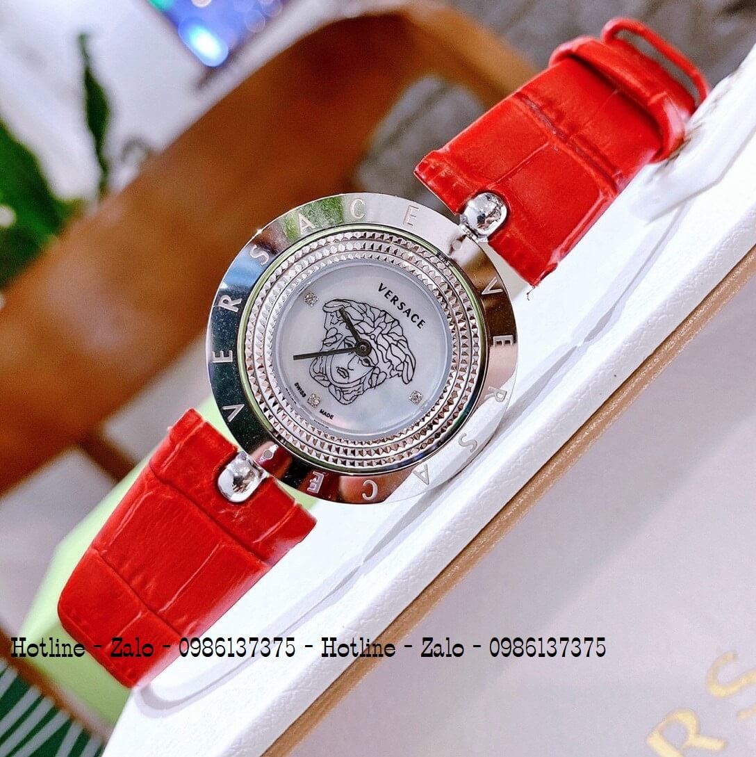 Đồng Hồ Versace Eon Nữ Dây Da Đỏ Silver Mặt Xoay 34mm