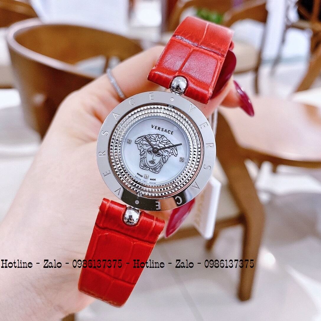 Đồng Hồ Versace Eon Nữ Dây Da Đỏ Silver Mặt Xoay 34mm