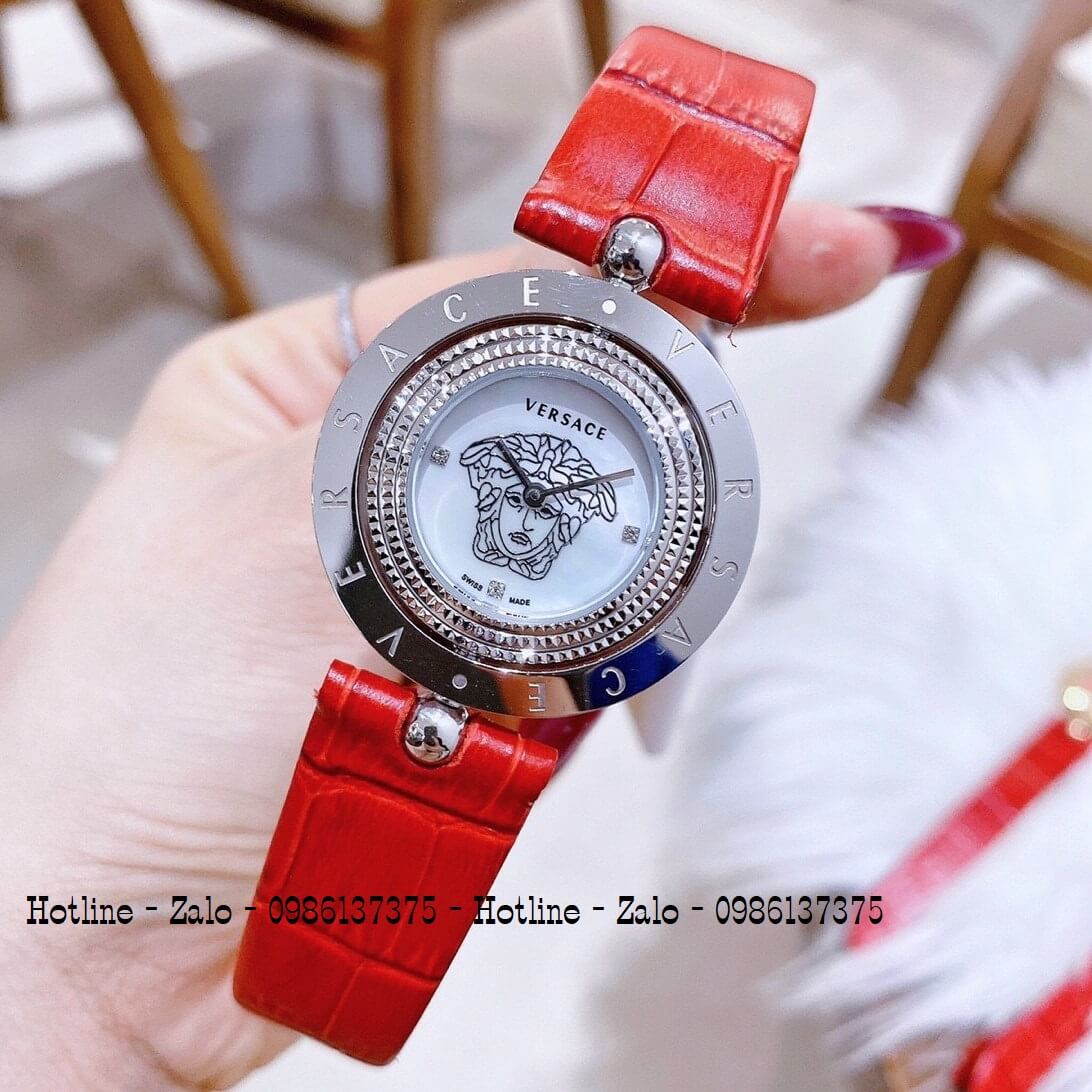 Đồng Hồ Versace Eon Nữ Dây Da Đỏ Silver Mặt Xoay 34mm