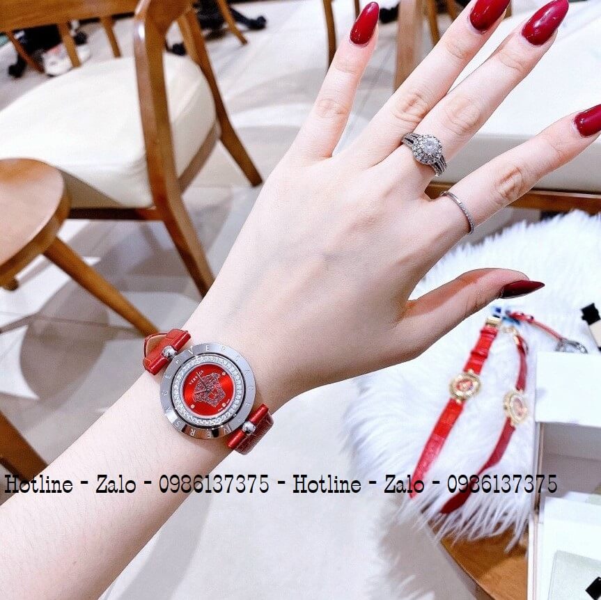 Đồng Hồ Versace Eon Nữ Dây Da Đỏ Silver Mặt Đỏ Xoay 34mm