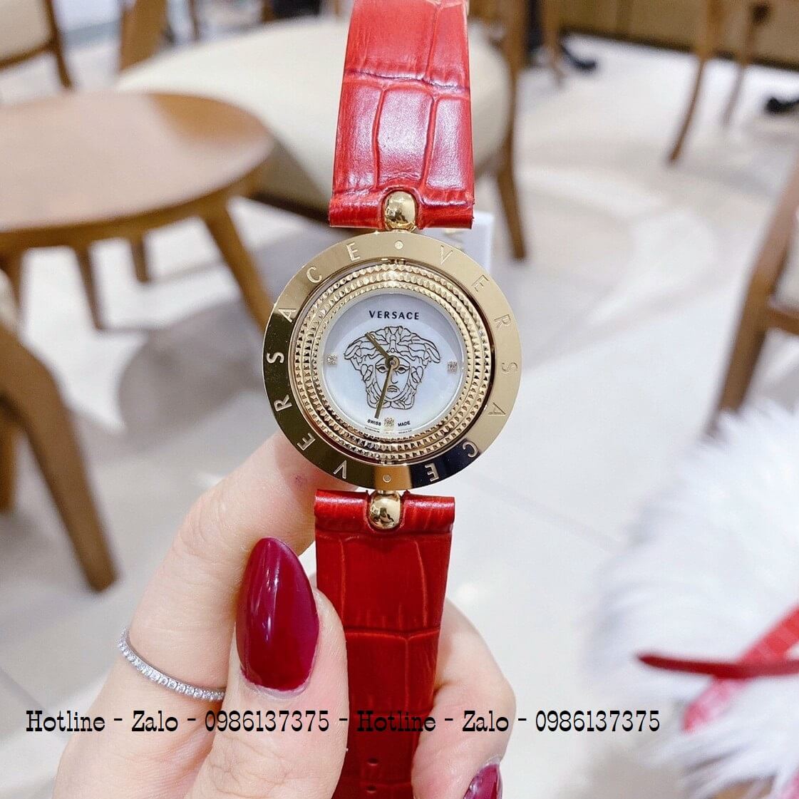 Đồng Hồ Versace Eon Nữ Dây Da Đỏ Gold Mặt Trắng Xoay 34mm