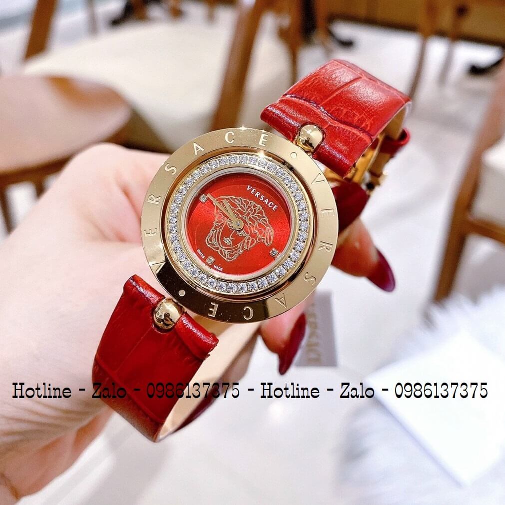 Đồng Hồ Versace Eon Nữ Dây Da Đỏ Gold Mặt Đỏ Xoay 34mm