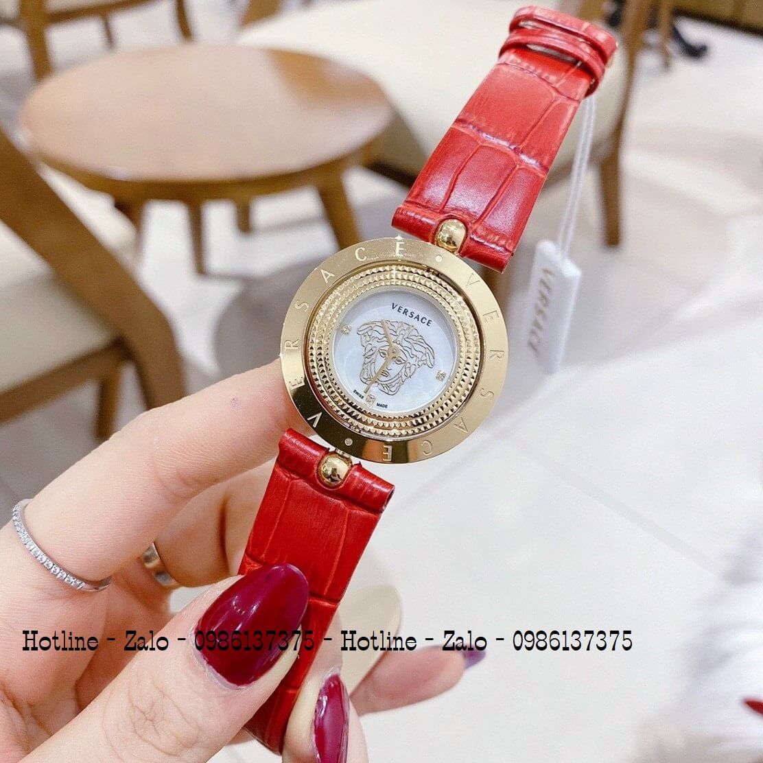 Đồng Hồ Versace Eon Nữ Dây Da Đỏ Gold Mặt Trắng Xoay 34mm