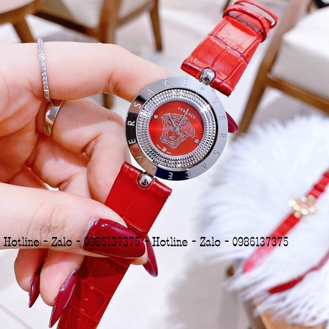 Đồng Hồ Versace Eon Nữ Dây Da Đỏ Silver Mặt Đỏ Xoay 34mm