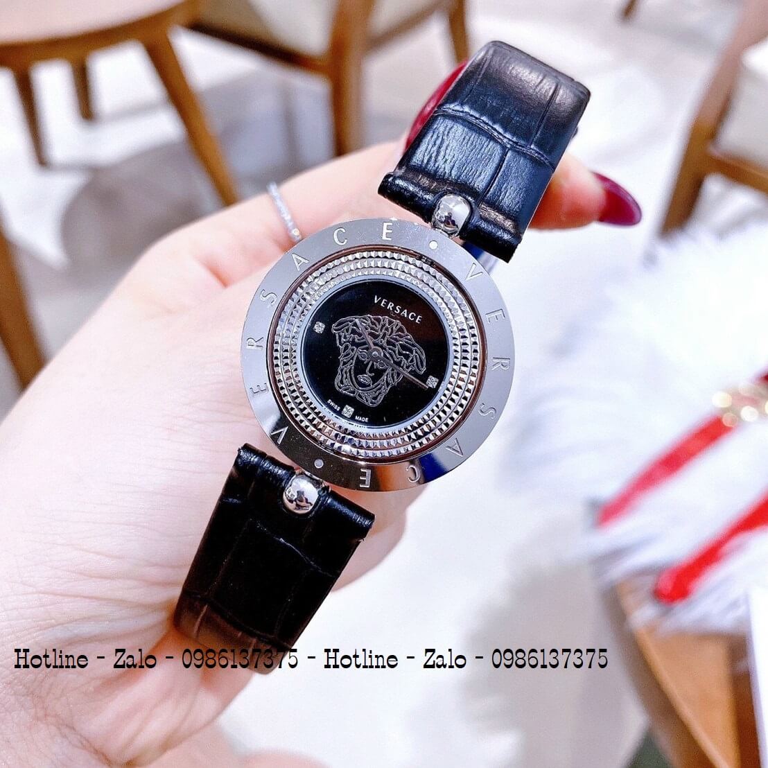 Đồng Hồ Versace Eon Nữ Dây Da Đen Silver Mặt Xoay 34mm