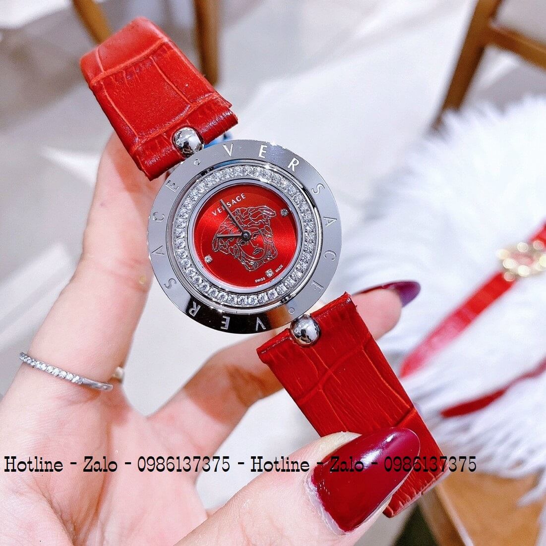 Đồng Hồ Versace Eon Nữ Dây Da Đỏ Silver Mặt Xoay 34mm