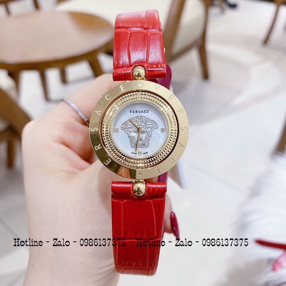 Đồng Hồ Versace Eon Nữ Dây Da Đỏ Gold Mặt Trắng Xoay 34mm