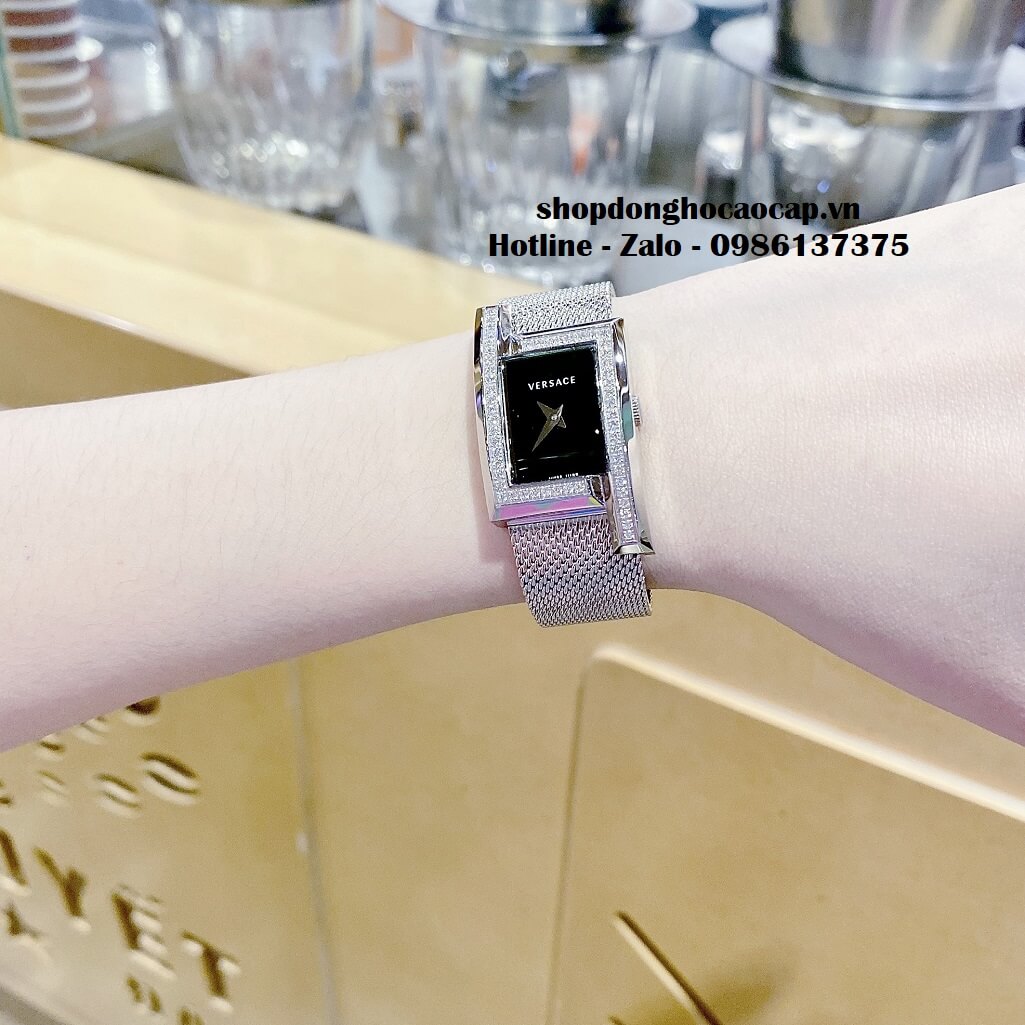 Đồng Hồ Nữ Versace Greca Icon Bạc Mặt Đen Đính Đá 39x21mm