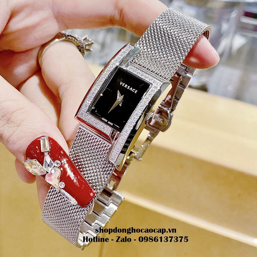 Đồng Hồ Nữ Versace Greca Icon Bạc Mặt Đen Đính Đá 39x21mm
