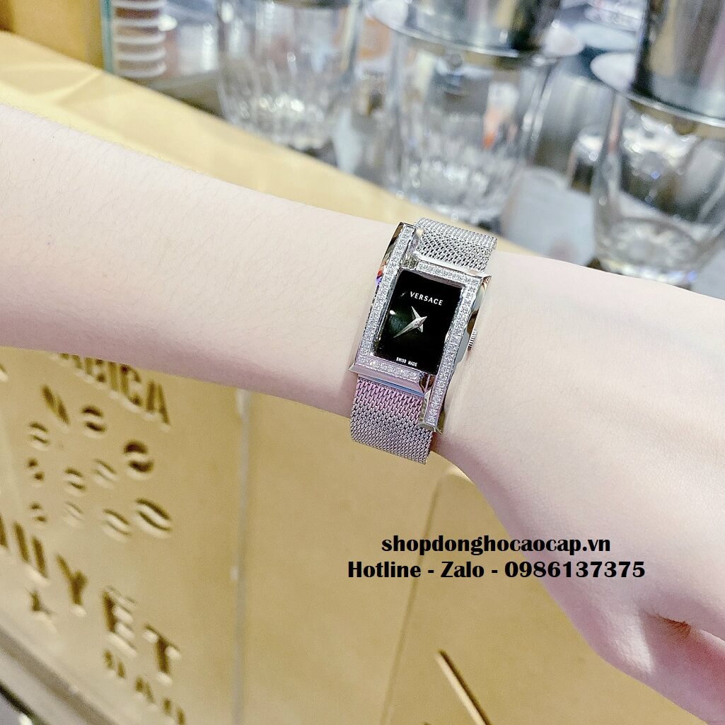 Đồng Hồ Nữ Versace Greca Icon Bạc Mặt Đen Đính Đá 39x21mm
