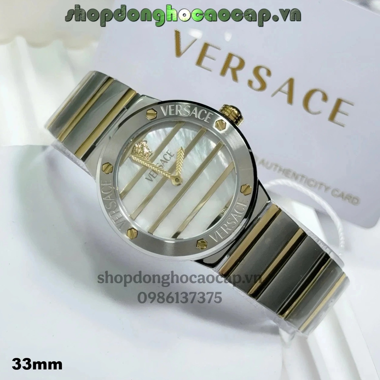 Đồng hồ Versace Greca Logo Pearl dây demi vàng mặt trắng size 33mm - Đồng hồ Versace nữ Quartz Japan