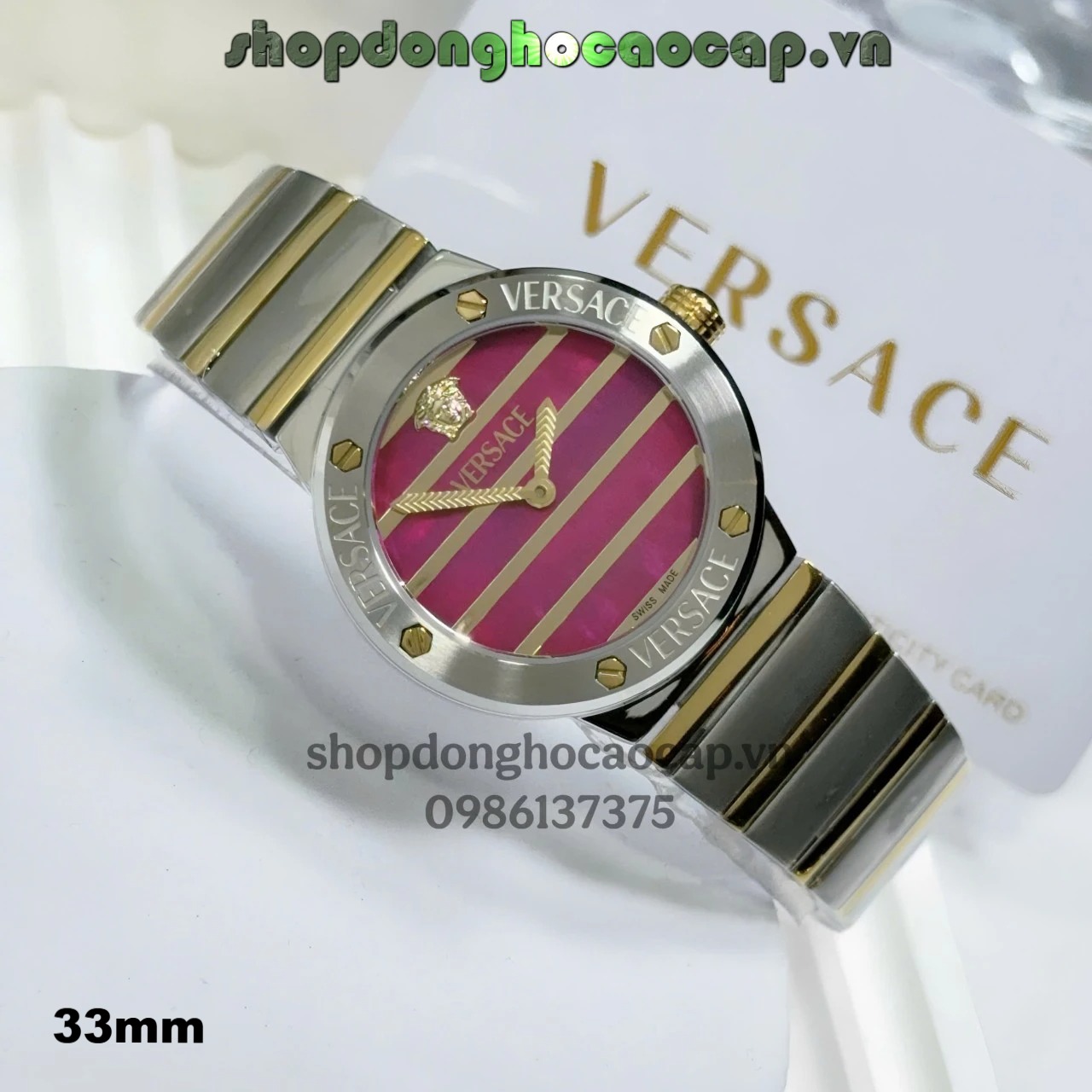 Đồng hồ Versace Greca Logo Pearl dây demi vàng mặt xà cừ tím size 33mm - Đồng hồ Versace nữ Quartz Japan