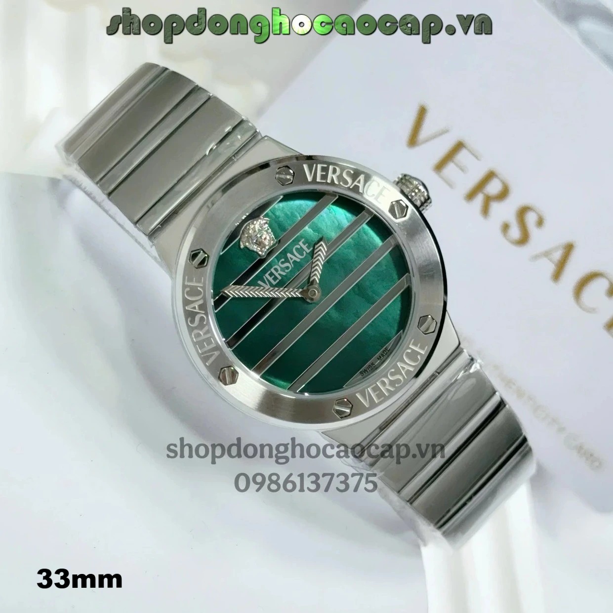 Đồng hồ Versace Greca Logo Pearl dây thép bạc mặt xà cừ xanh size 33mm - Đồng hồ Versace nữ Quartz Japan