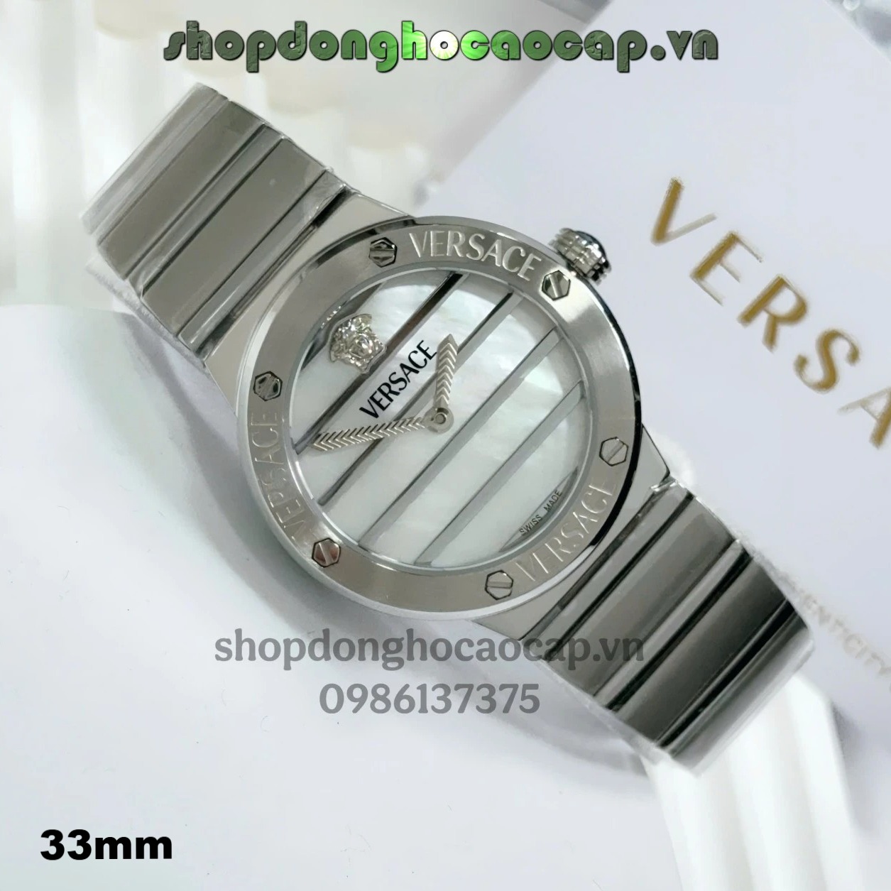 Đồng hồ Versace Greca Logo Pearl dây thép bạc mặt trắng size 33mm - Đồng hồ Versace nữ Quartz Japan