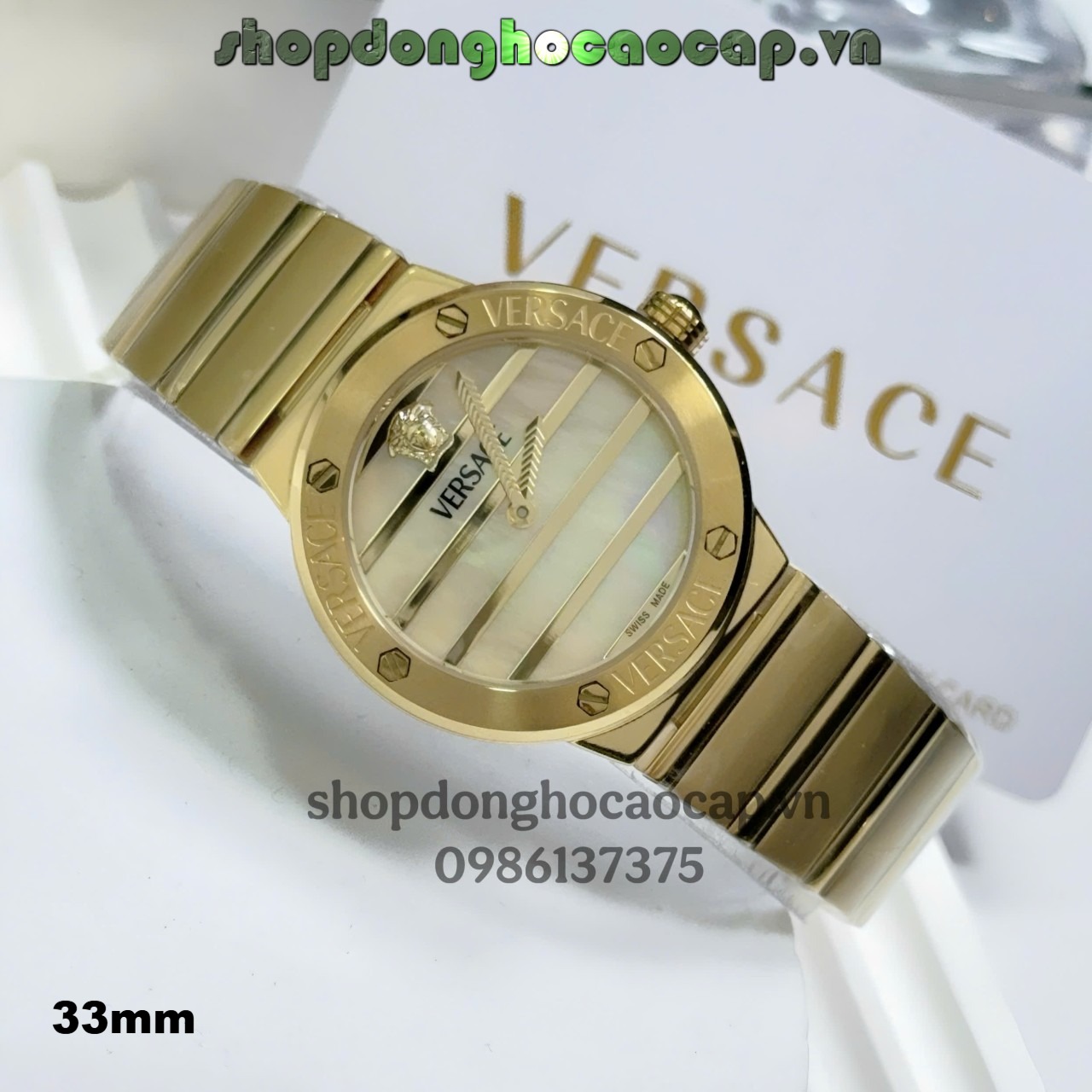 Đồng hồ Versace Greca Logo Pearl dây vàng mặt xà cừ vàng size 33mm - Đồng hồ Versace nữ Quartz Japan
