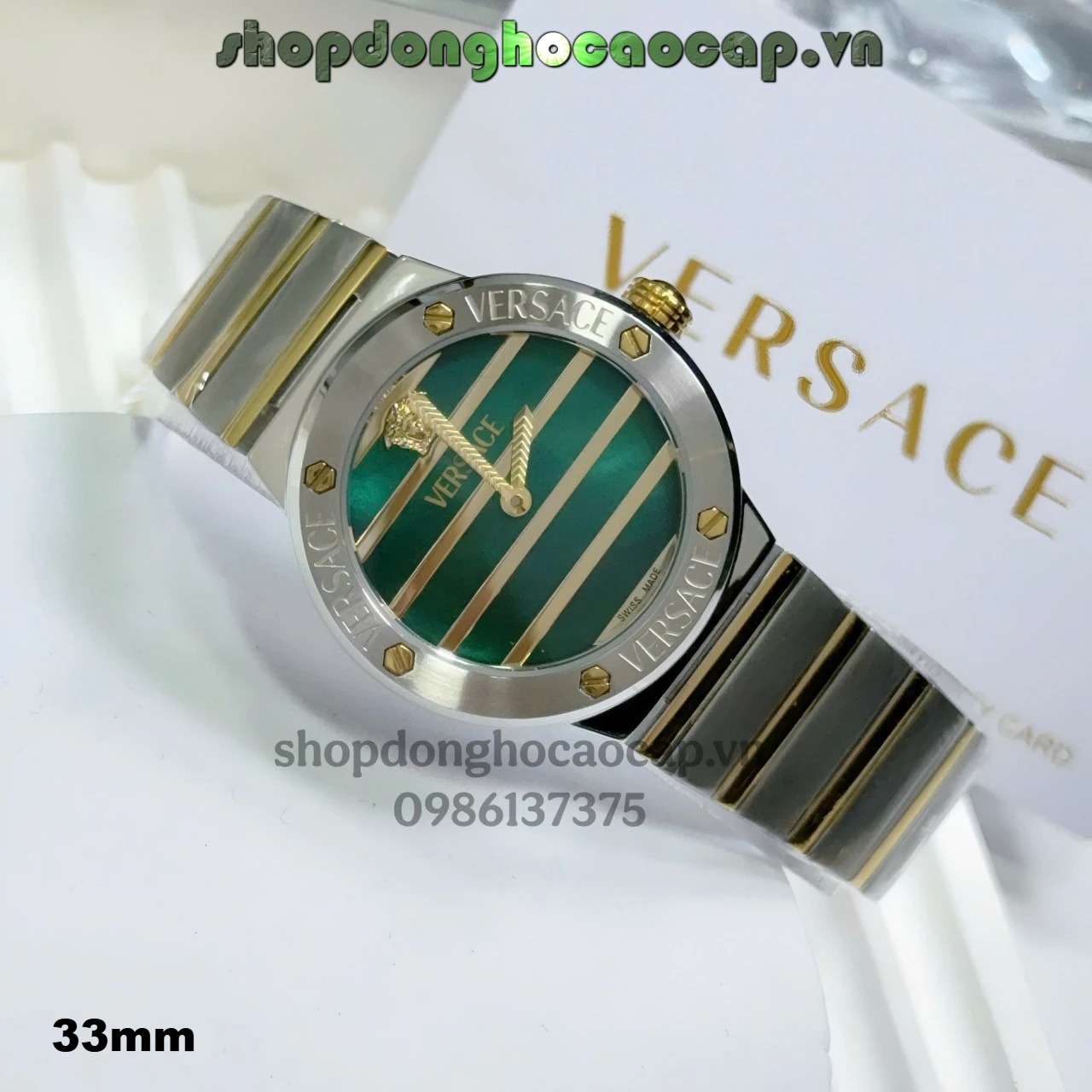 Đồng hồ Versace Greca Logo Pearl dây demi vàng mặt xà cừ xanh size 33mm - Đồng hồ Versace nữ Quartz Japan