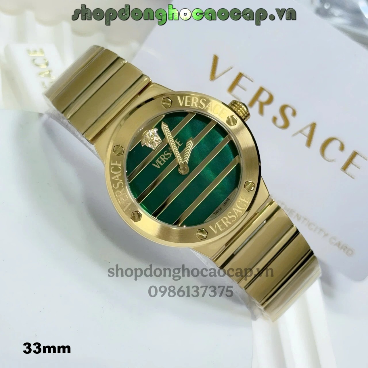 Đồng hồ Versace Greca Logo Pearl dây vàng mặt xà cừ xanh size 33mm - Đồng hồ Versace nữ Quartz Japan