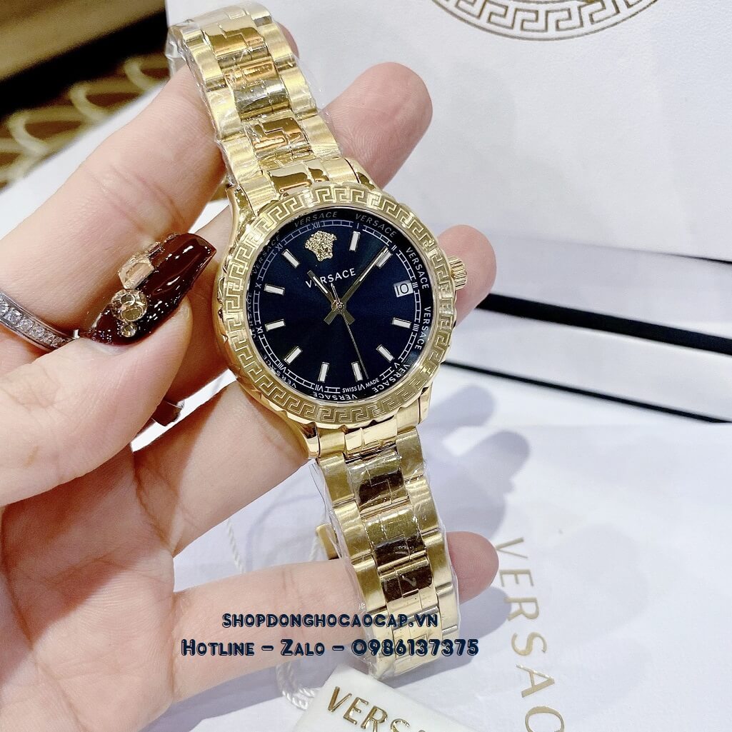 Đồng Hồ Nữ Versace Hellenyium Dây Thép Vàng Mặt Đen 35mm