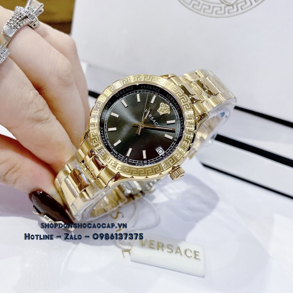 Đồng Hồ Nữ Versace Hellenyium Dây Thép Vàng Mặt Đen 35mm