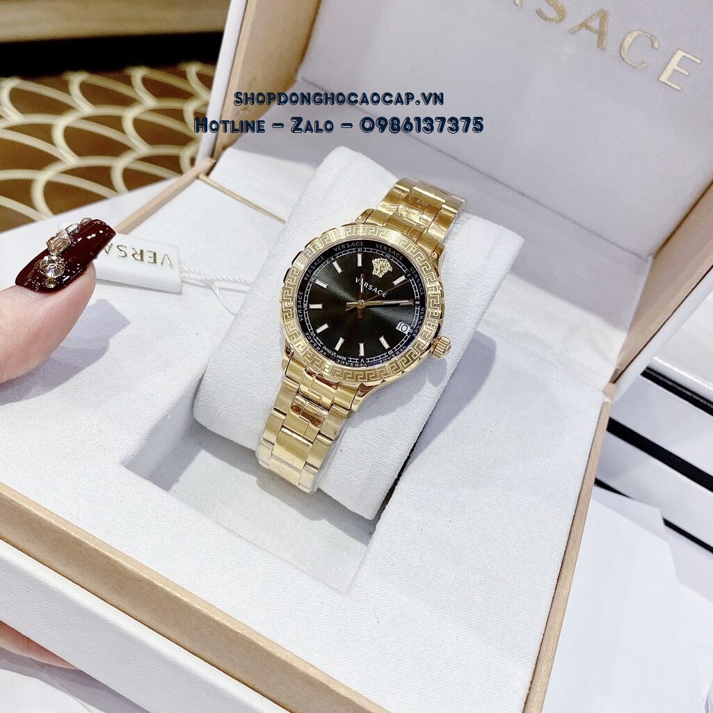 Đồng Hồ Nữ Versace Hellenyium Dây Thép Vàng Mặt Đen 35mm