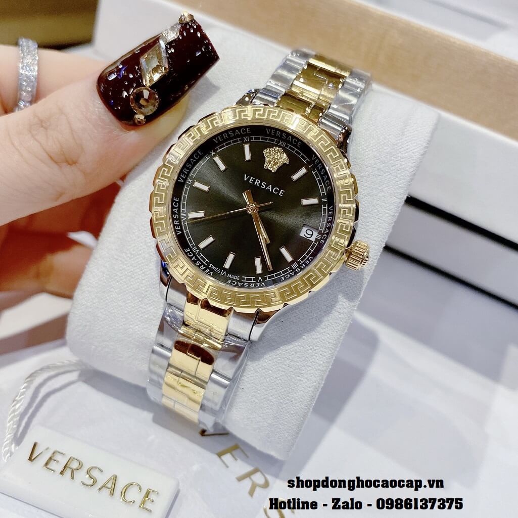 Đồng Hồ Nữ Versace Hellenyium Dây Thép Demi Vàng Mặt Đen 35mm