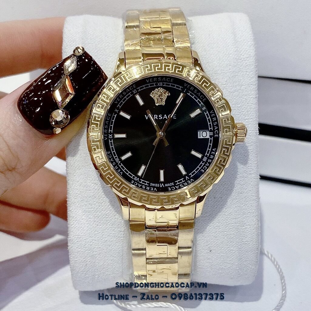 Đồng Hồ Nữ Versace Hellenyium Dây Thép Vàng Mặt Đen 35mm