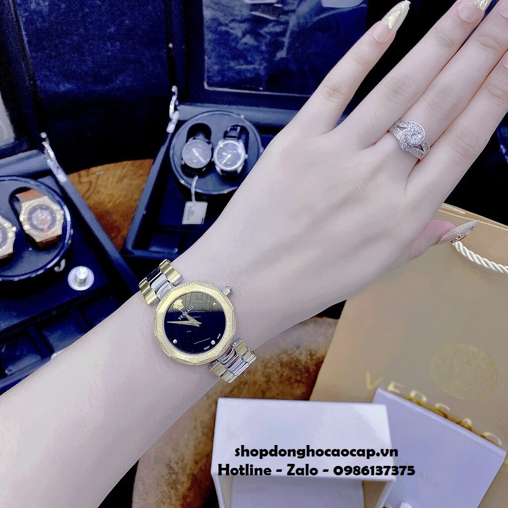 Đồng Hồ Nữ Versace Idyia Máy Thụy Sỹ Dây Demi Vàng Mặt Đen 35mm