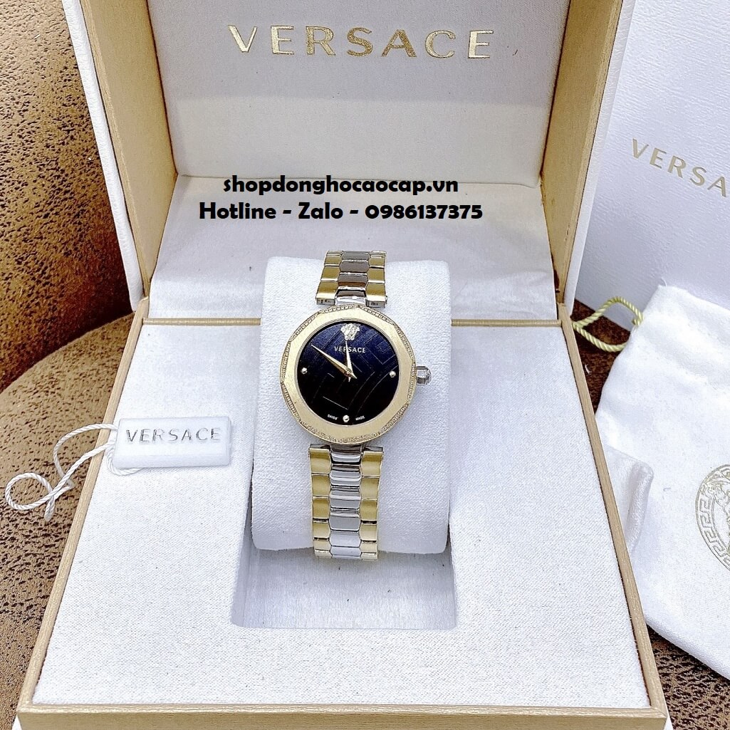 Đồng Hồ Nữ Versace Idyia Máy Thụy Sỹ Dây Demi Vàng Mặt Đen 35mm