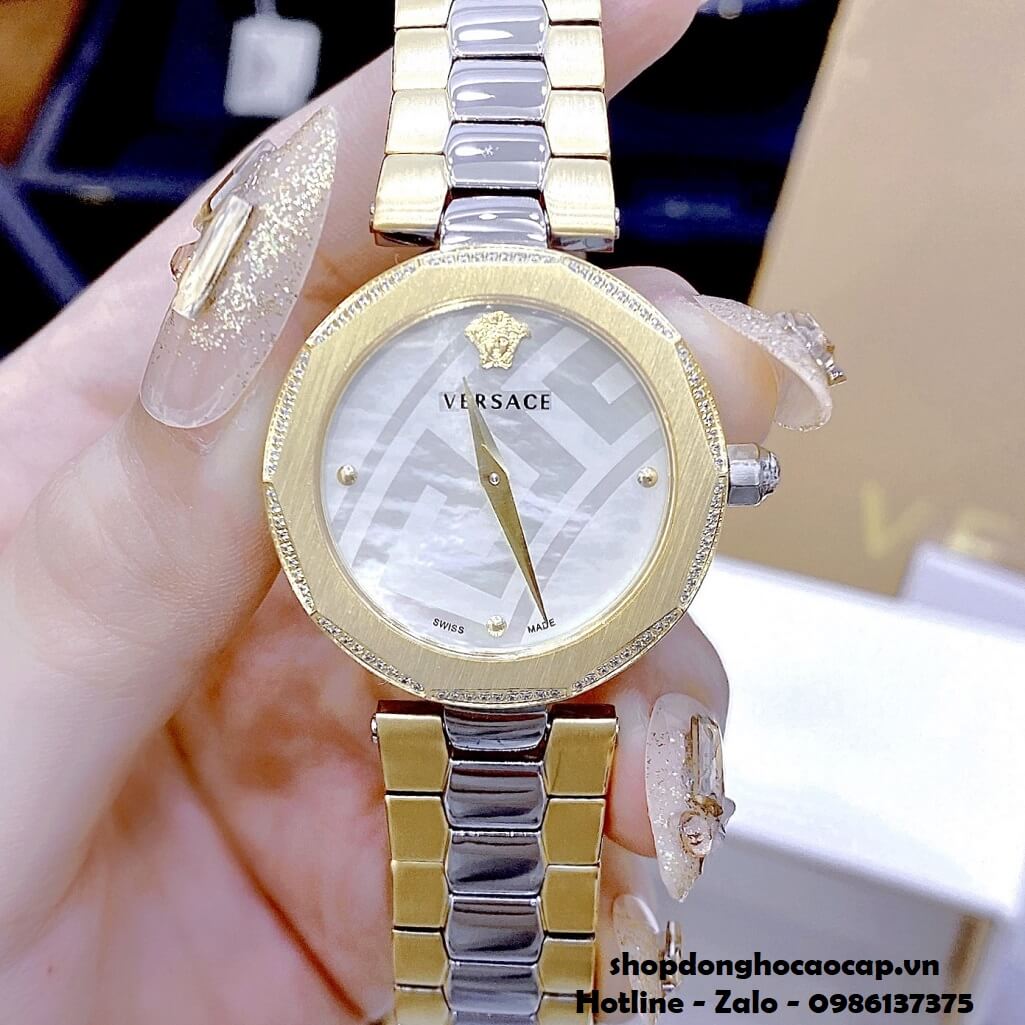 Đồng Hồ Nữ Versace Idyia Máy Thụy Sỹ Dây Demi Vàng Mặt Trắng 35mm