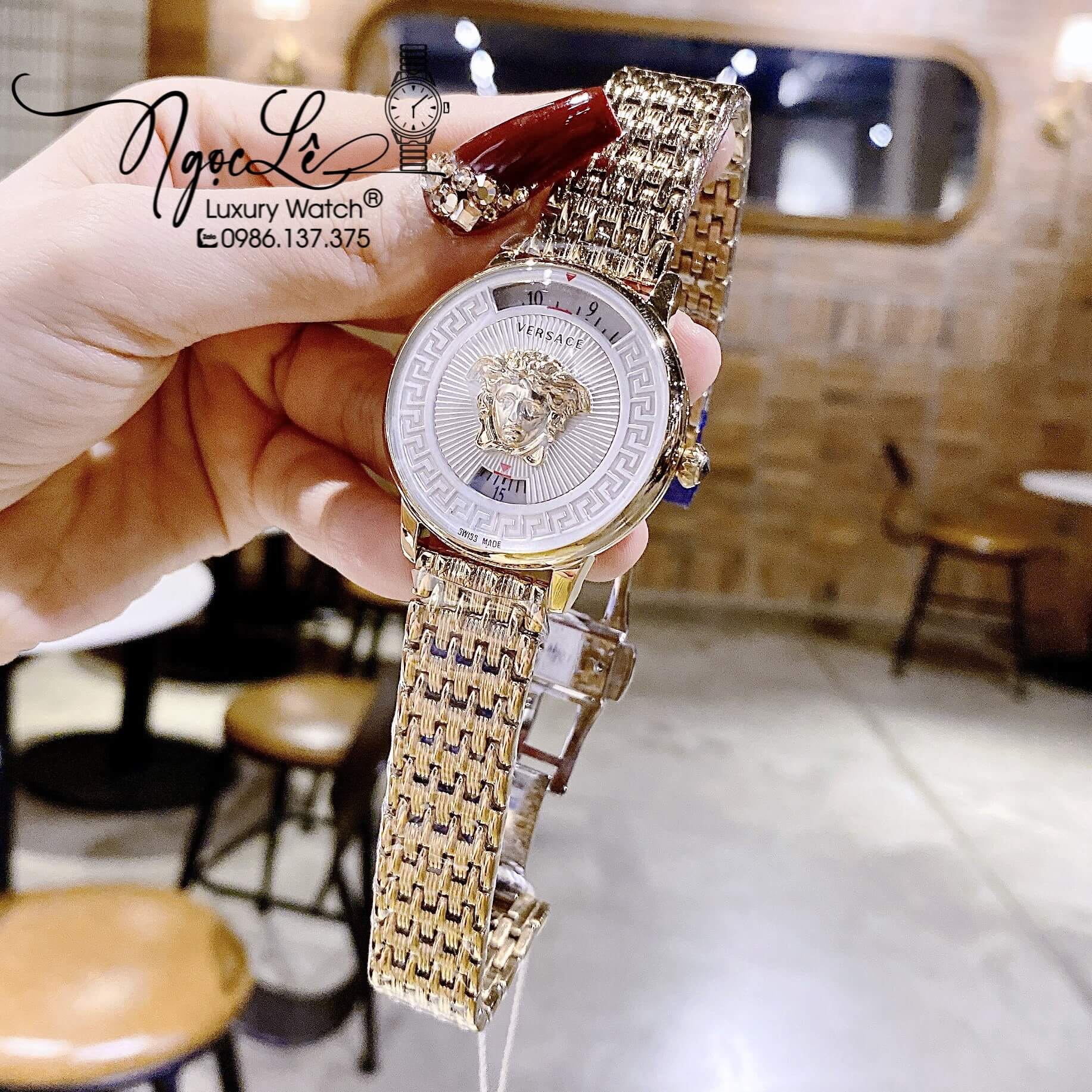 Đồng Hồ Nữ Versace Medusa Icon Dây Kim Loại Vàng Mặt Trắng Size 38mm