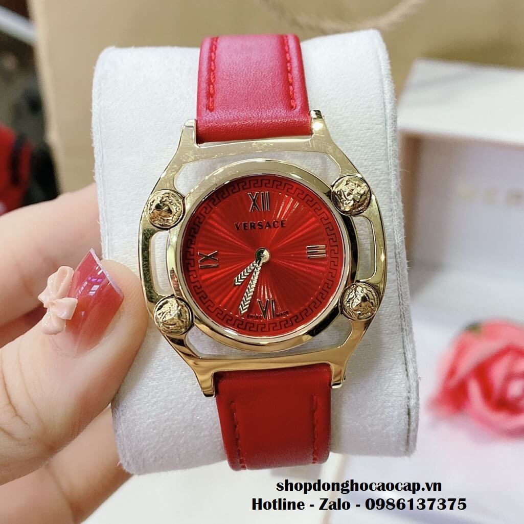 Đồng Hồ Versace Medusa Nữ Dây Da Đỏ 36mm Vỏ Vàng