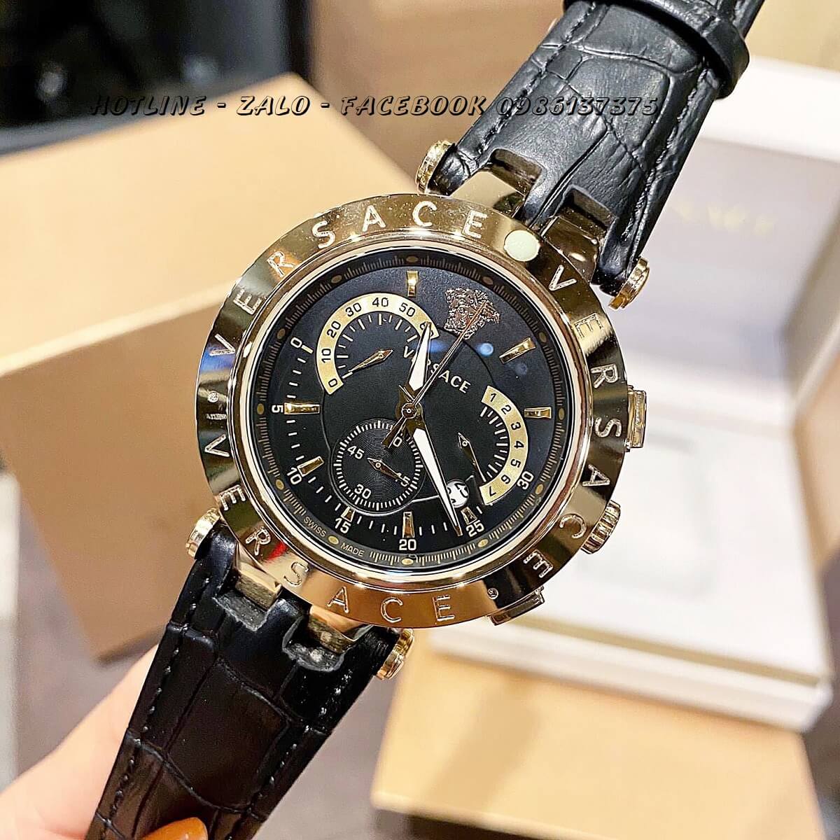 Đồng Hồ Versace Aion Nam Dây Da Đen 6 Kim 44mm