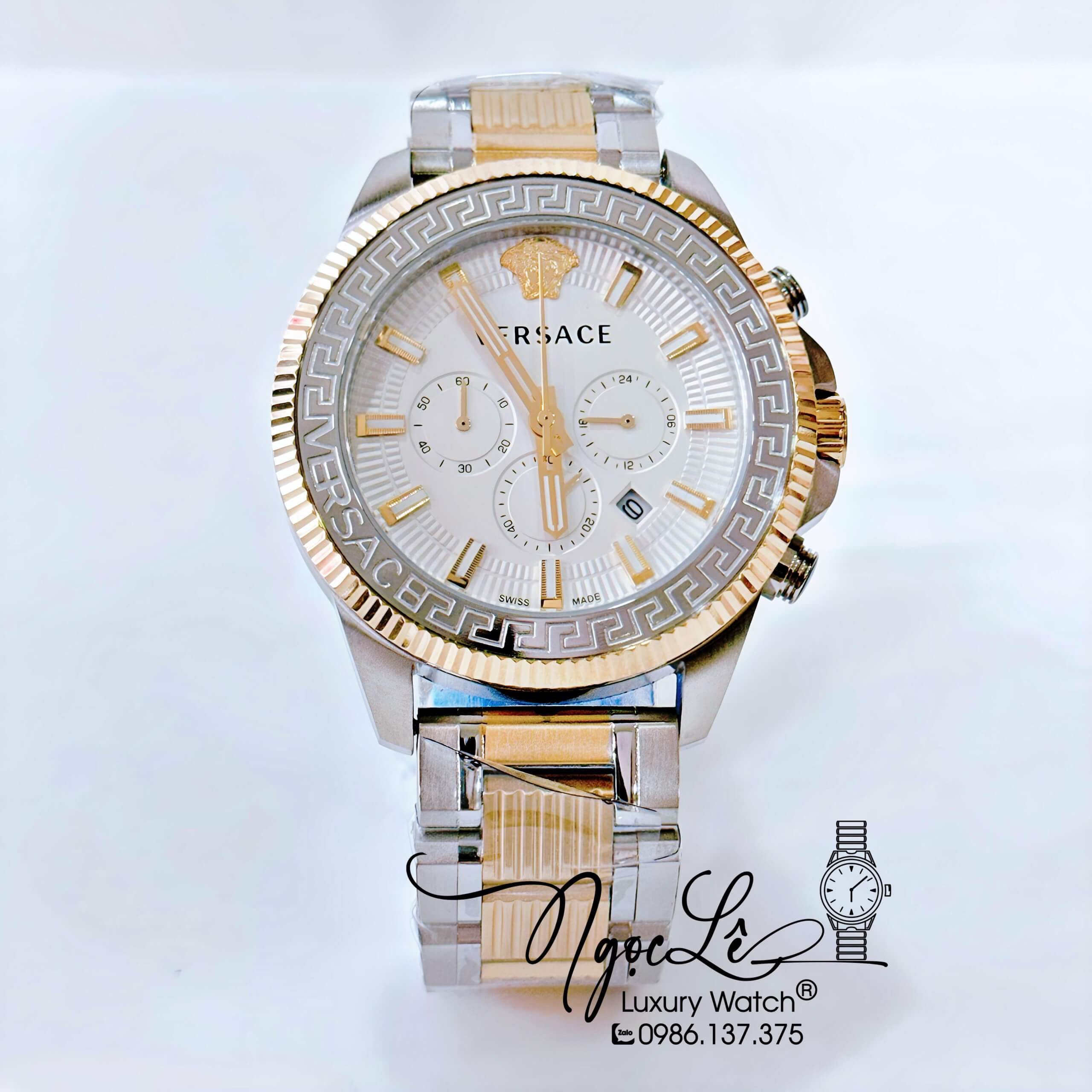 Đồng Hồ Nam Versace Greca Action Dây Kim Loại Demi Vàng Mặt Trắng Size 44mm