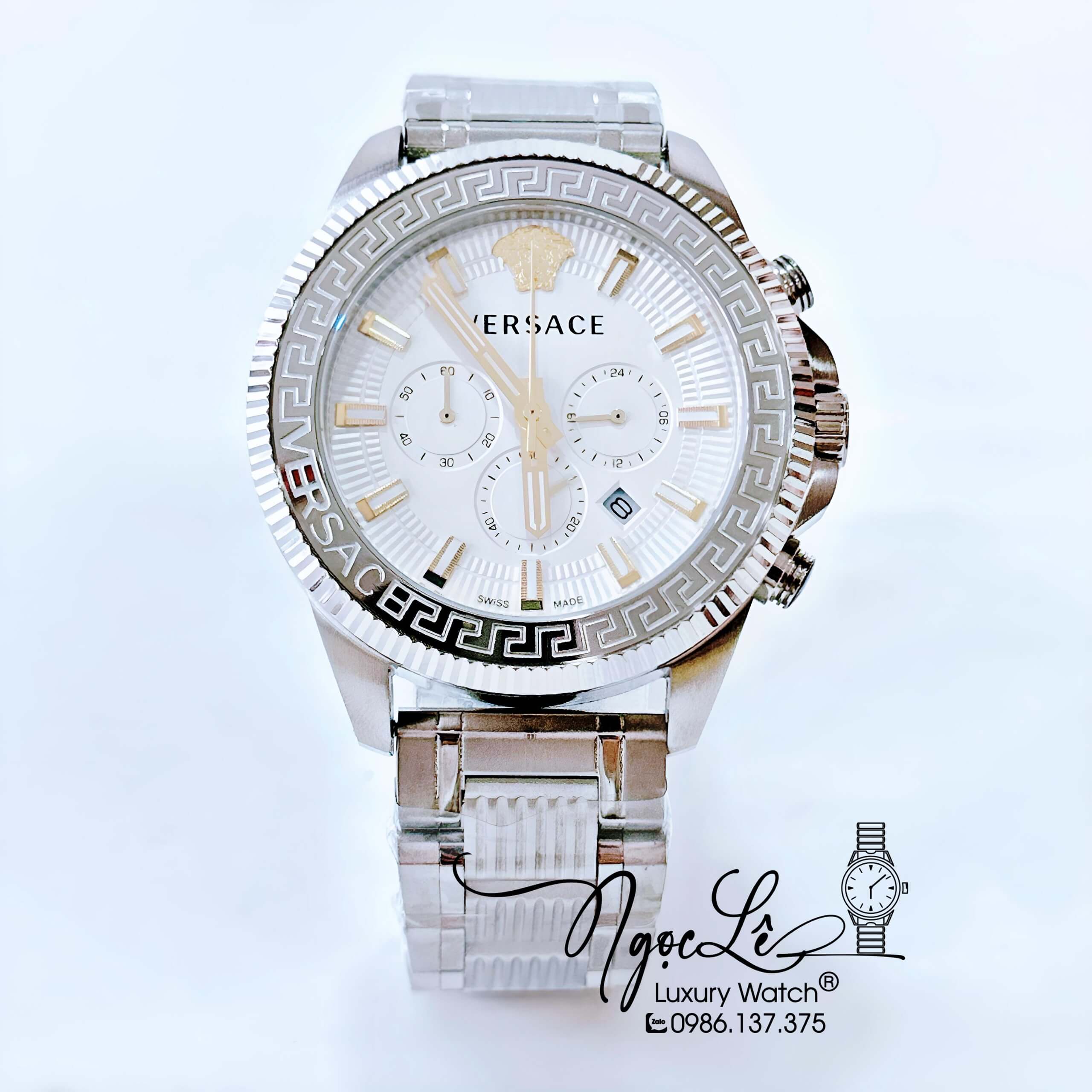 Đồng Hồ Nam Versace Greca Action Dây Kim Loại Màu Bạc Mặt Trắng Size 44mm