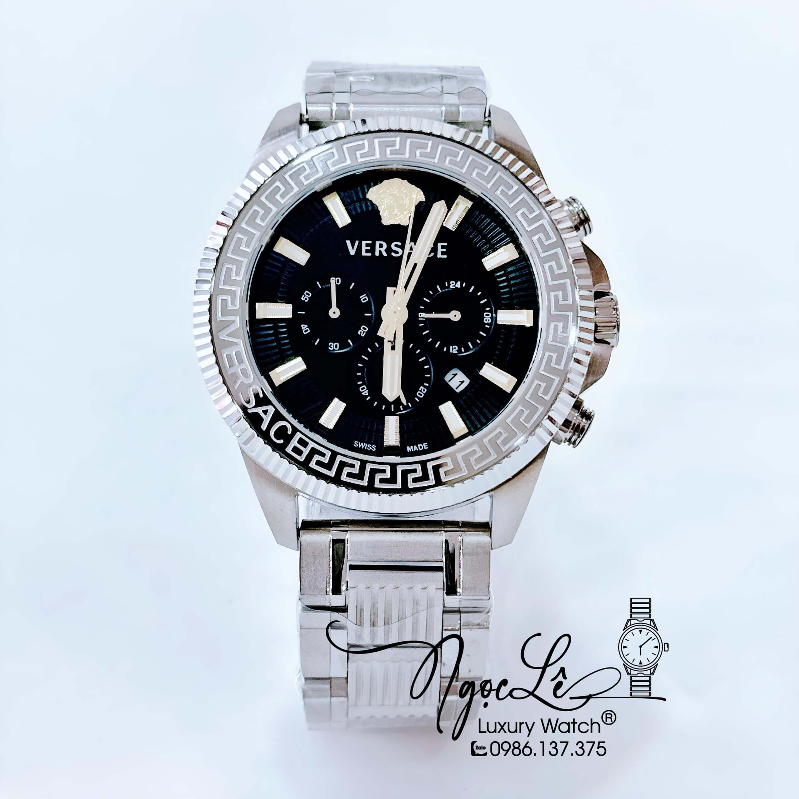 Đồng Hồ Nam Versace Greca Action Dây Kim Loại Màu Bạc Mặt Đen Size 44mm