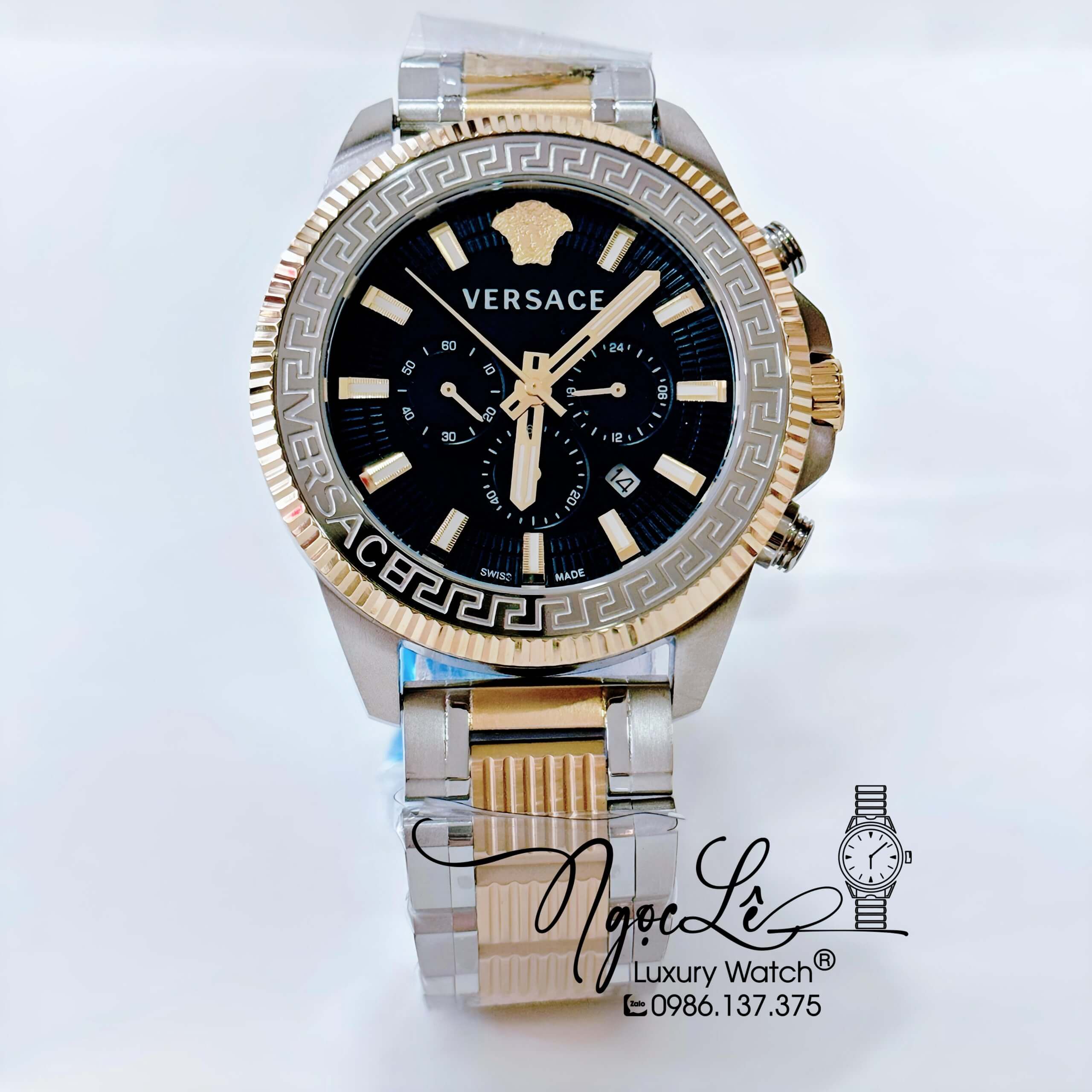 Đồng Hồ Nam Versace Greca Action Dây Kim Loại Demi Vàng Mặt Đen Size 44mm