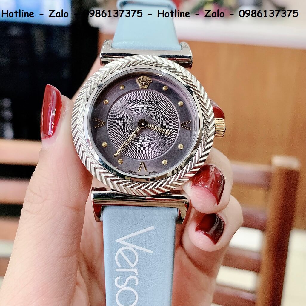 Đồng Hồ Nữ Versace V-Motif Vintage Logo 35mm Dây Da Xanh Silver