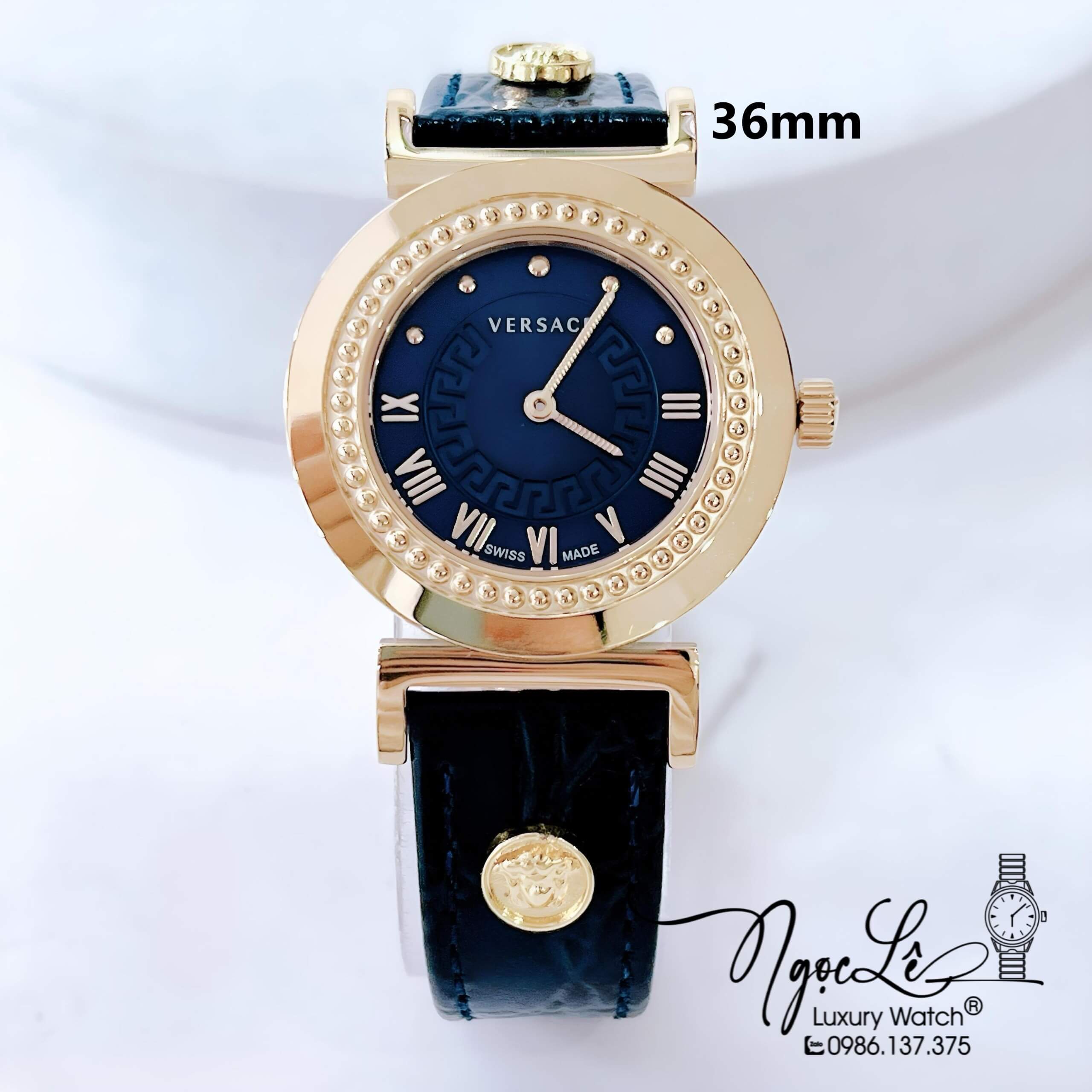 Đồng Hồ Nữ Versace Vanity Máy Thụy Sỹ Dây Da Xanh Dương Đậm Size 35mm