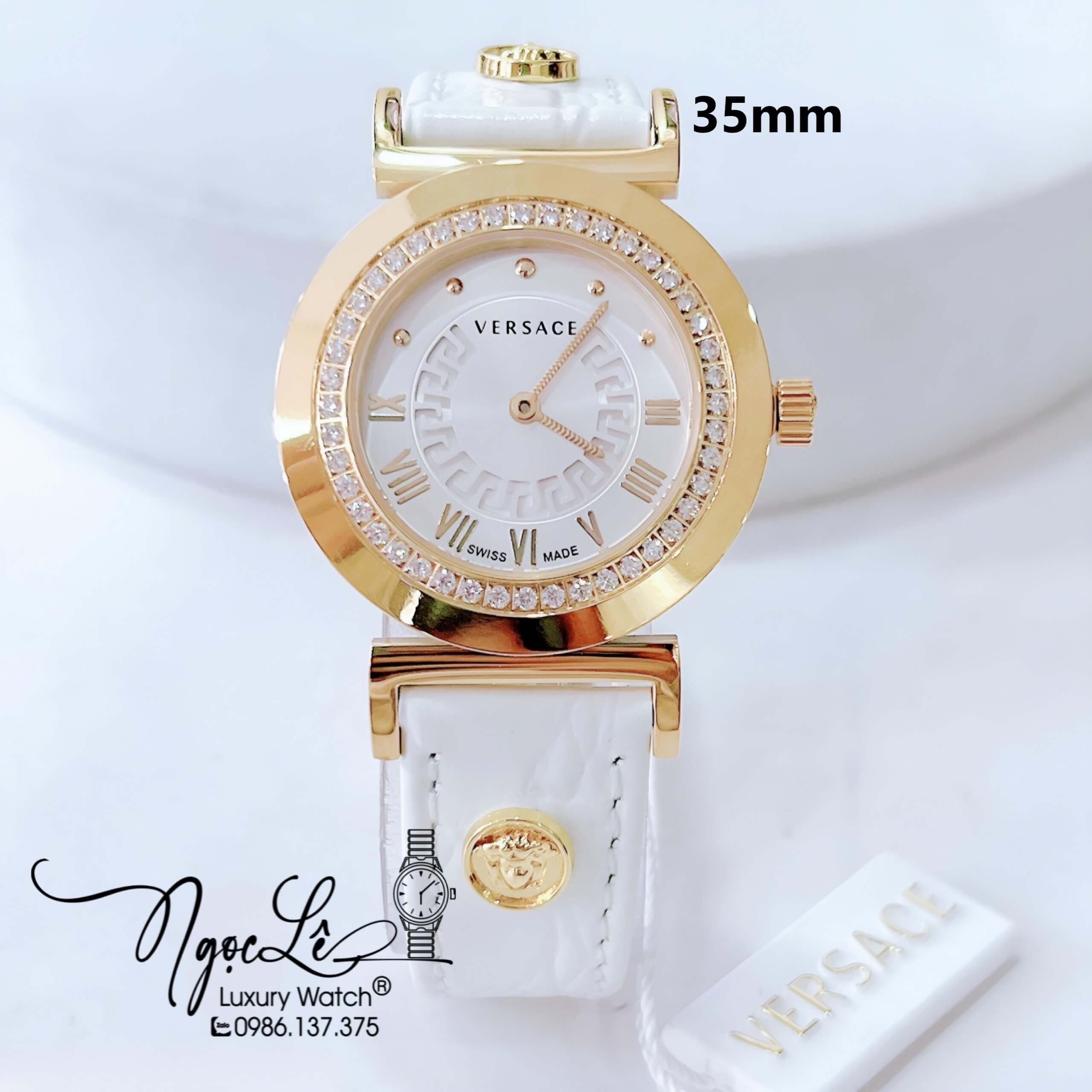 Đồng Hồ Nữ Versace Vanity Máy Thụy Sỹ Dây Da Trắng Đính Đá Size 35mm