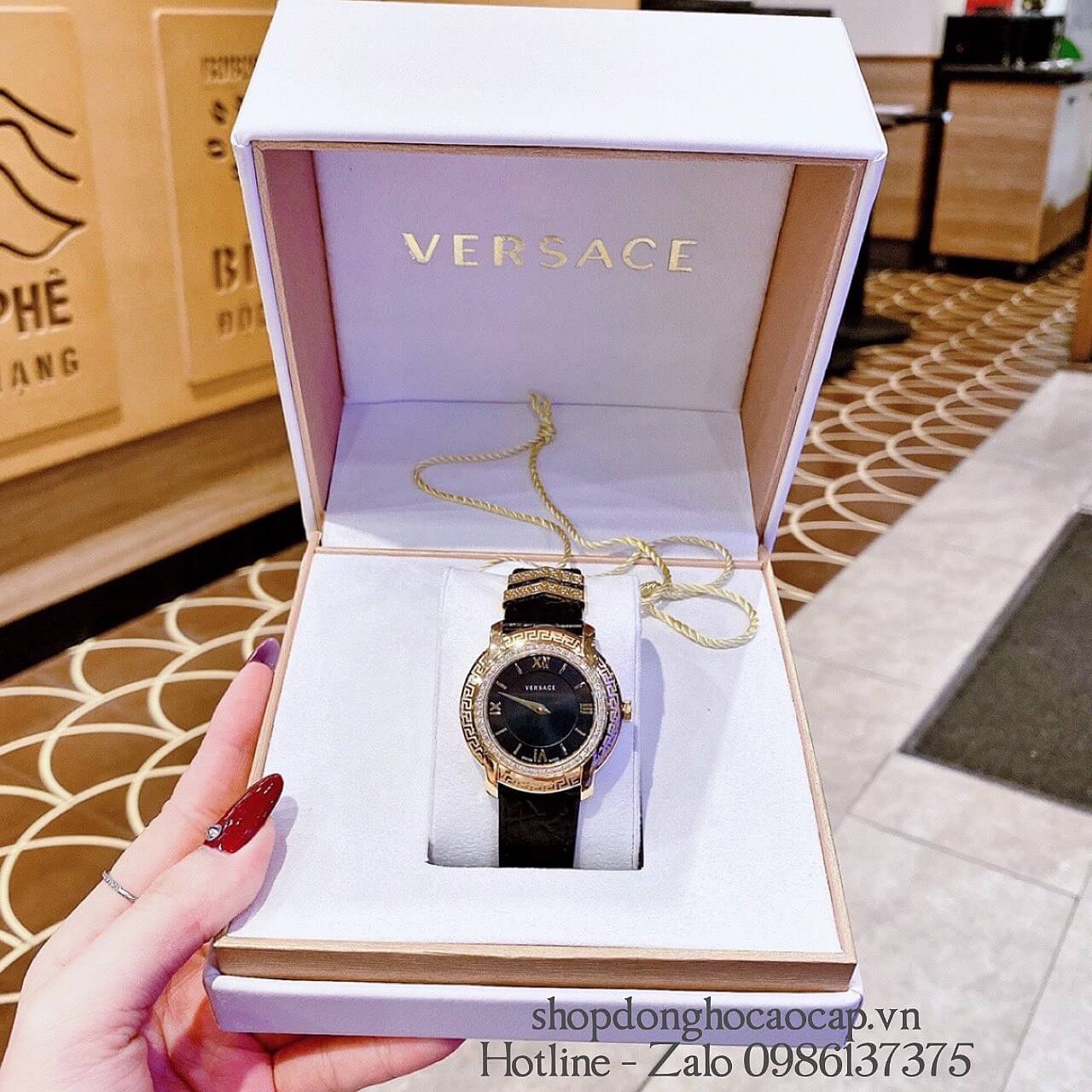 Đồng Hồ Versace Nữ DV-25 Siêu Cấp Dây Da Đen Đính Đá 36mm