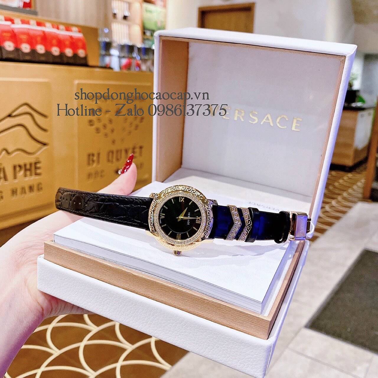 Đồng Hồ Versace Nữ DV-25 Siêu Cấp Dây Da Đen Đính Đá 36mm
