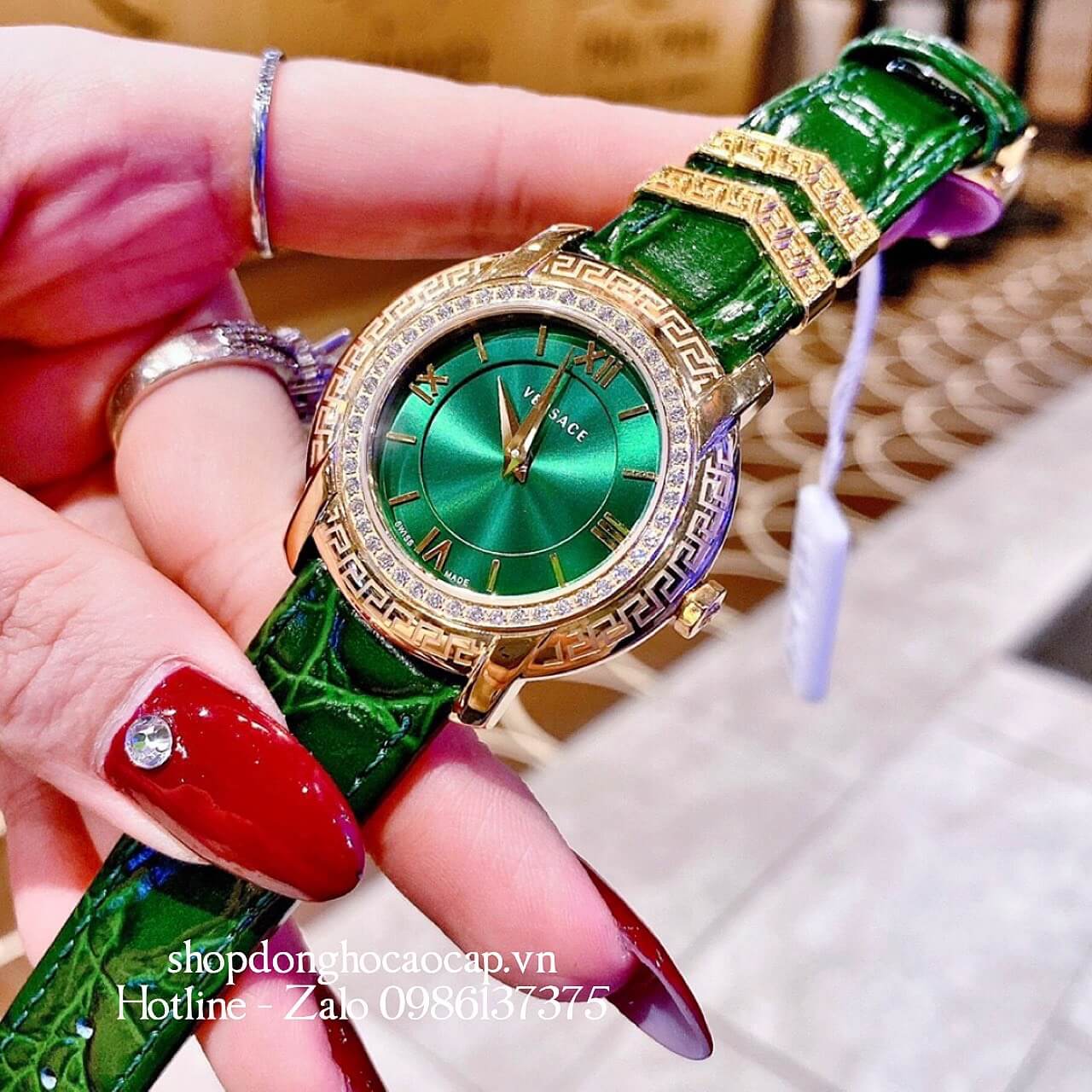 Đồng Hồ Versace Nữ DV25 Siêu Cấp Dây Da Xanh Lá Đính Đá 36mm