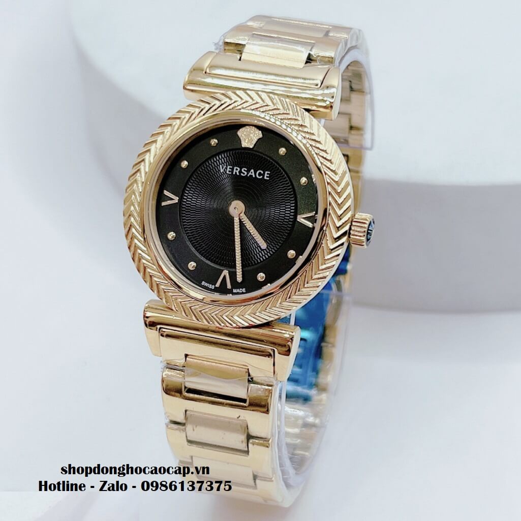 Đồng Hồ Nữ Versace V-Motif Vintage Logo Vàng Mặt Đen Size 35mm