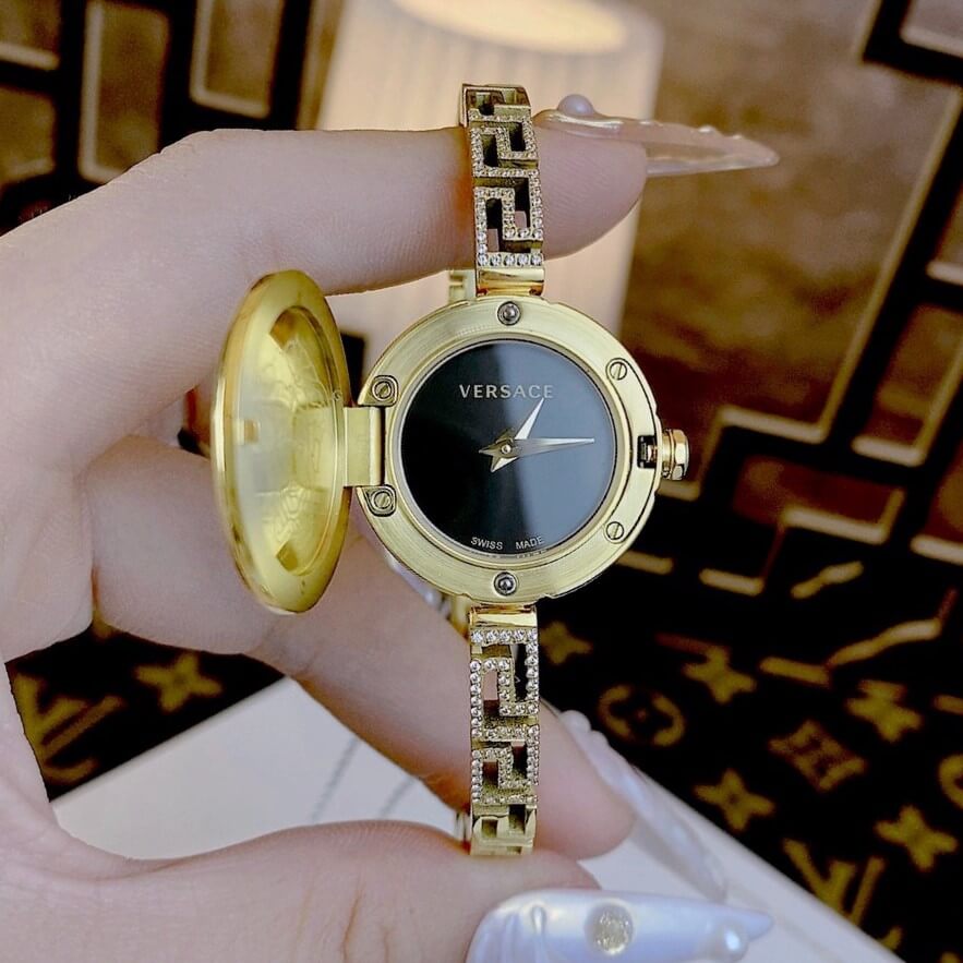 Đồng Hồ Nữ Versace Medusa Secret Dây Kim Loại Vàng Mặt Đen Size 25mm