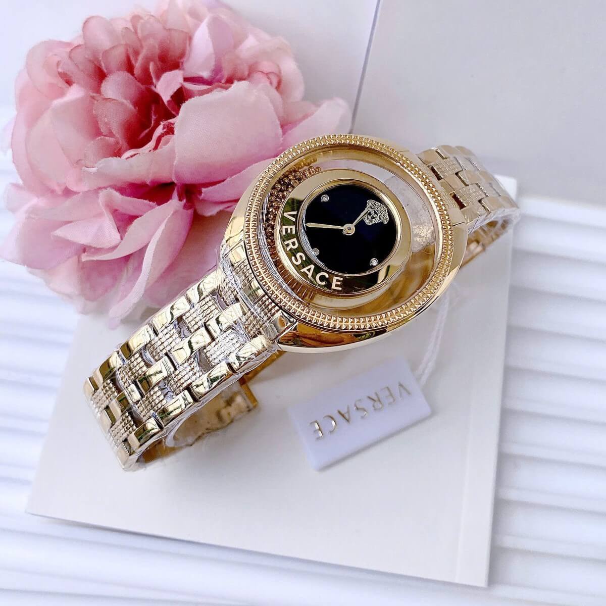 Đồng Hồ Versace Nữ - Versace Destiny Quartz Thụy Sĩ Dây Vàng Mặt Đen Oval Size 37mm