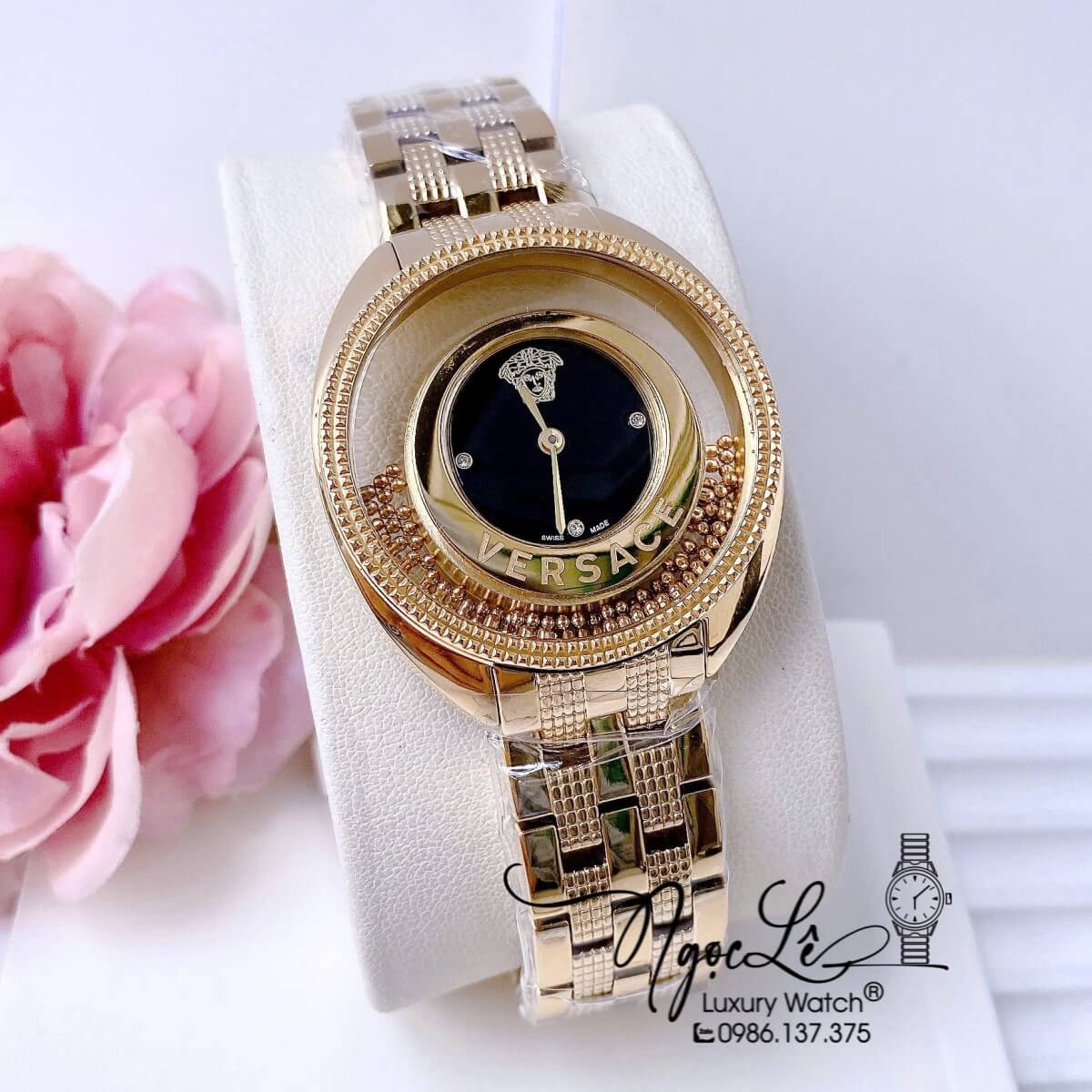 Đồng Hồ Versace Nữ - Versace Destiny Quartz Thụy Sĩ Dây Vàng Mặt Đen Oval Size 37mm