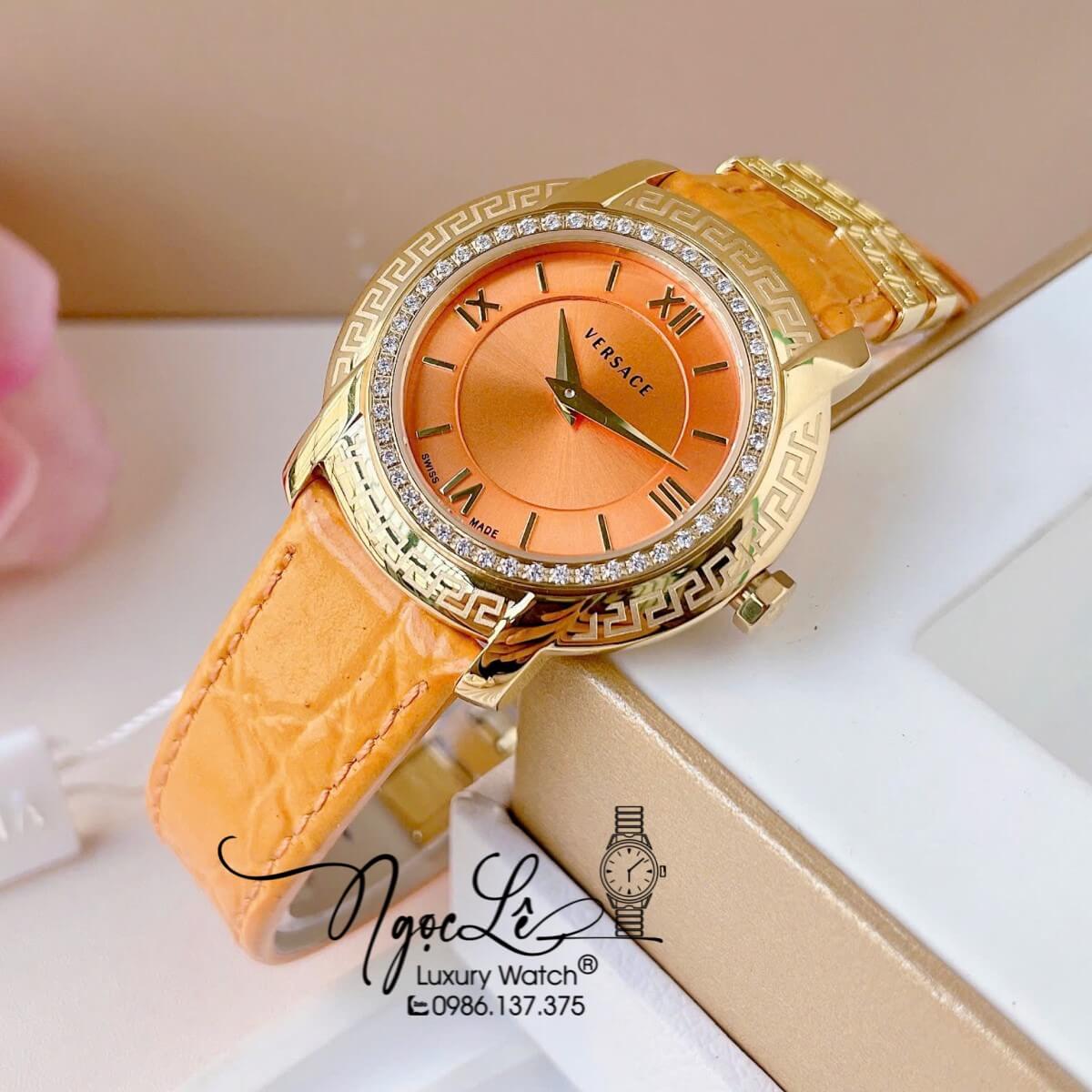 Đồng Hồ Versace Nữ - Versace DV-25 Dây Da Màu Cam Vỏ Vàng Size 36mm - Viền Mặt Đính Đá