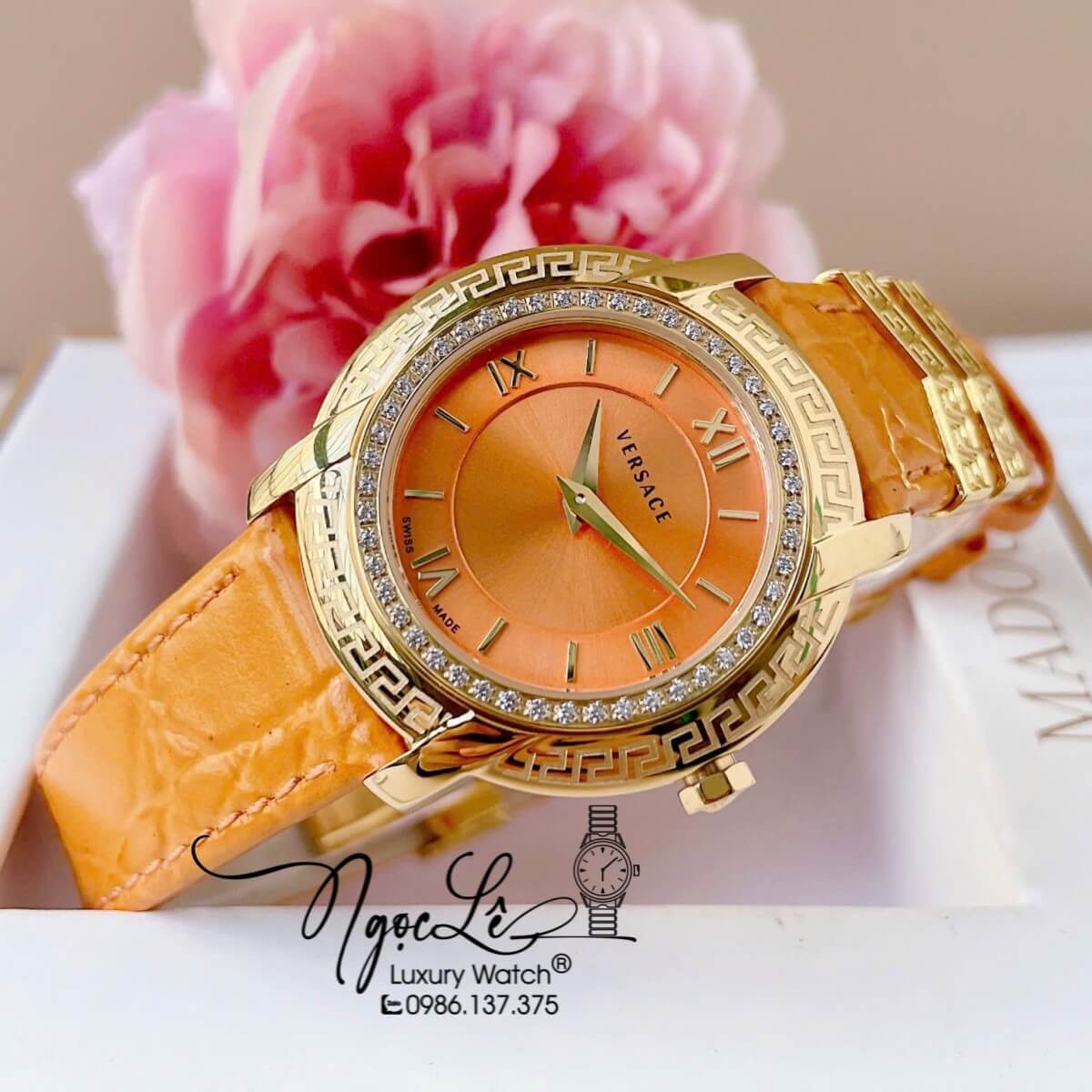 Đồng Hồ Versace Nữ - Versace DV-25 Dây Da Màu Cam Vỏ Vàng Size 36mm - Viền Mặt Đính Đá