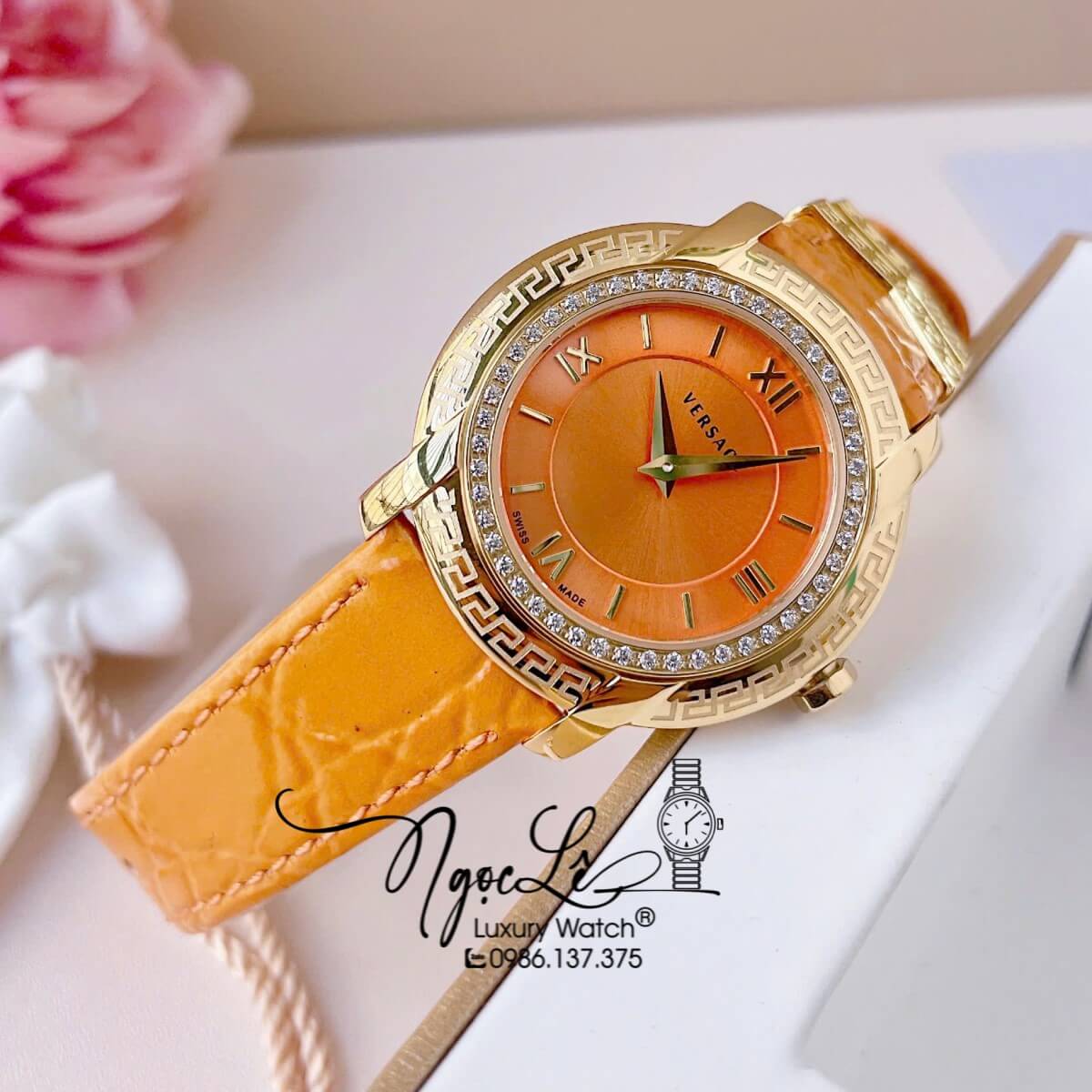 Đồng Hồ Versace Nữ - Versace DV-25 Dây Da Màu Cam Vỏ Vàng Size 36mm - Viền Mặt Đính Đá